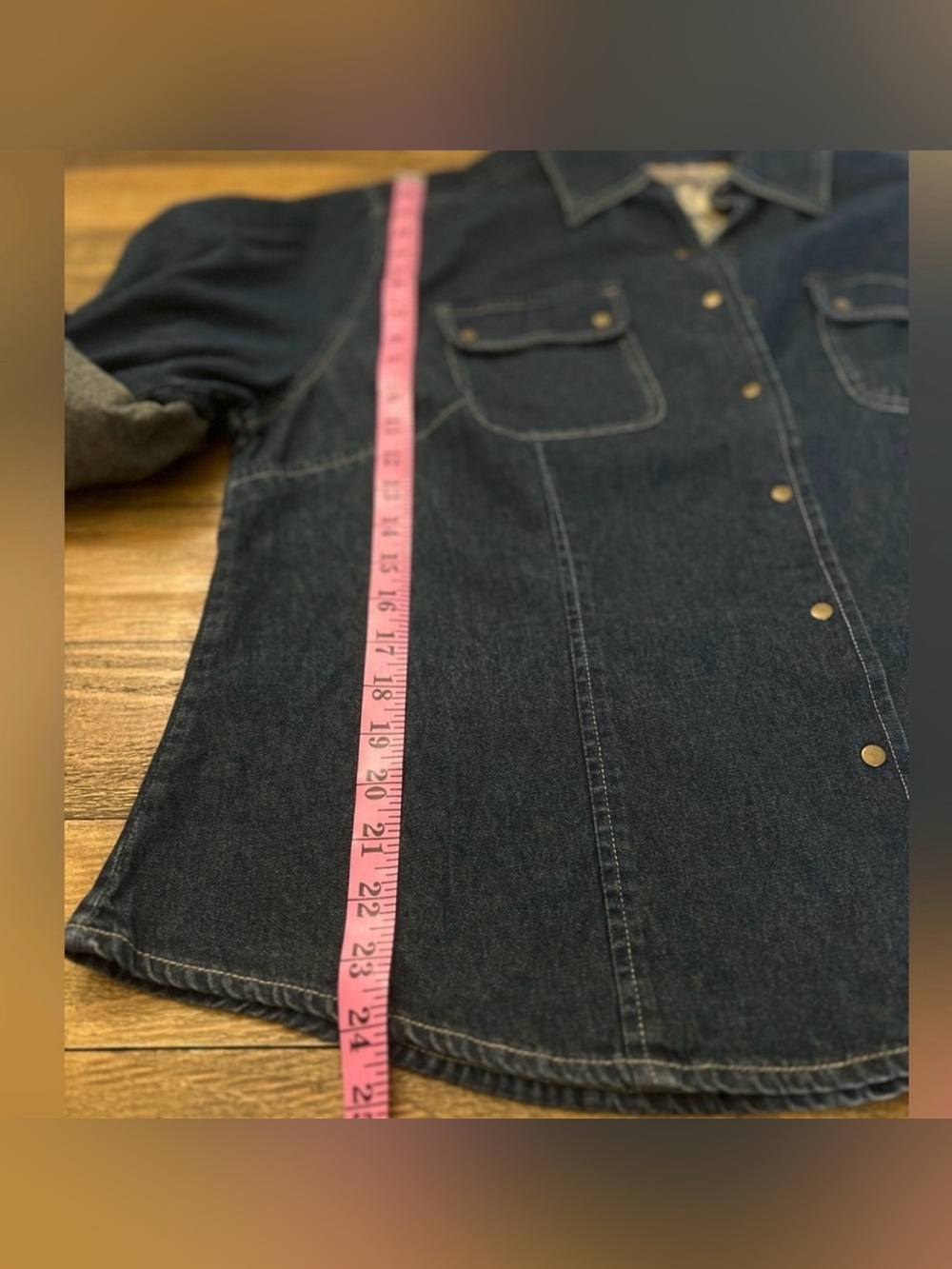 i. e Relaxed Woman Denim Snap Button Western Shirt Dark Wash Long Sleeve Utility - Picture 15 of 15
